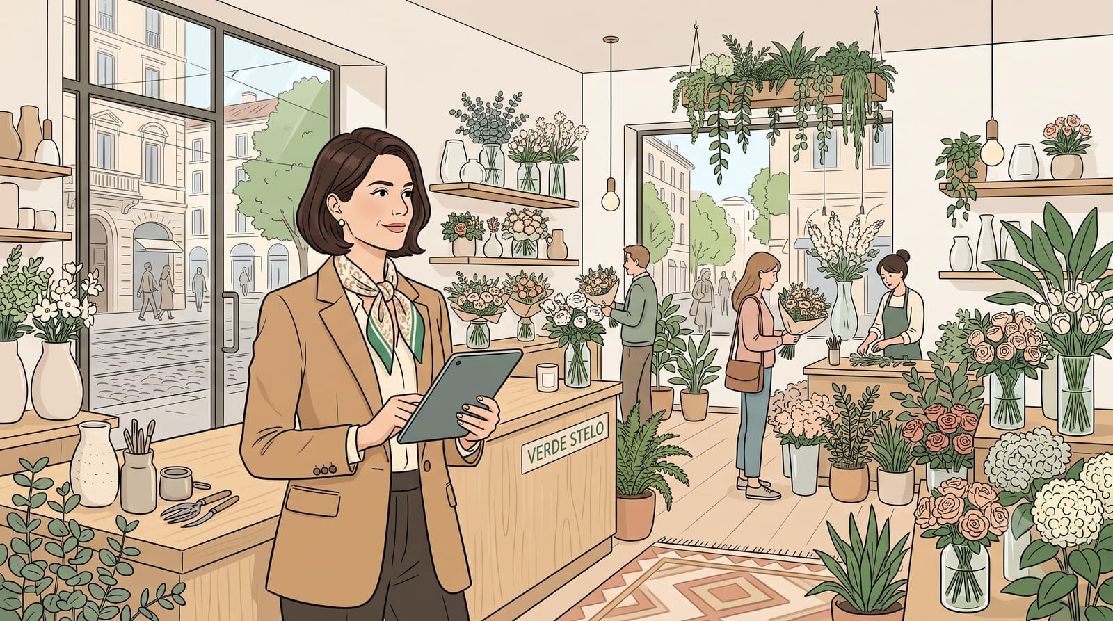 L'interno del negozio di fiori Florai a Milano: Marta, la protagonista, con un tablet tra vasi, piante e clienti.
